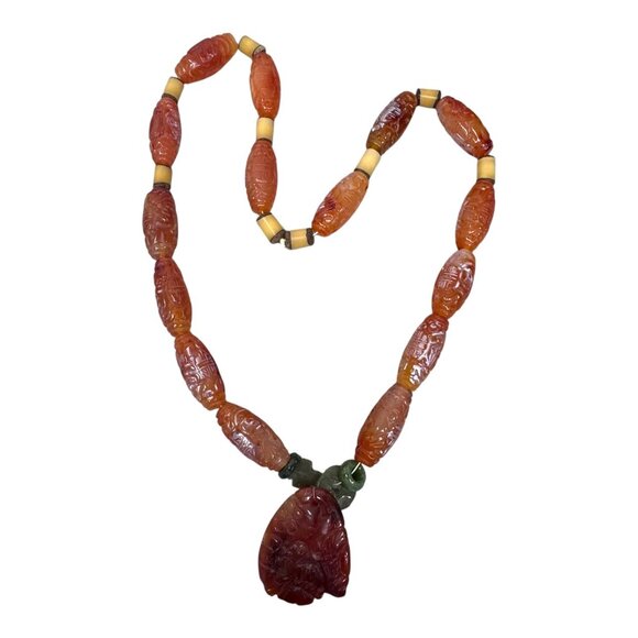 Vintage Hand-Carved Red Carnelian Agate Necklace Floral Lion Green Jade Accents - Picture 9 of 9